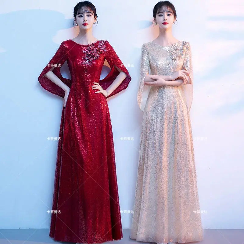 Wine Red Bride's Toast Dress, Women's 2025 New Style Spring Wedding and Engagement Dress, Sequined, Elegant and Grand Evening Dr