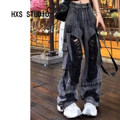 American Retro Washed Black Hole Denim Pants Women's Style 2026 Autumn New Street Design Wide Leg Pants High Waist Straight Leg