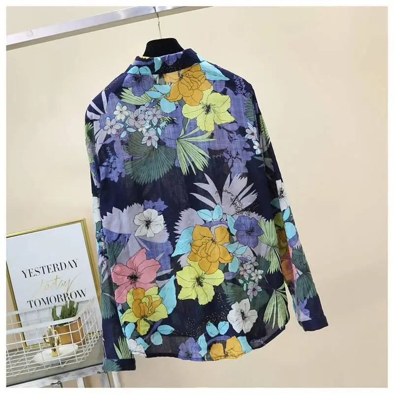 Blue Floral Print Vintage Polo-Neck Single Breasted Long Sleeve Women's Blouse Shirt Casual Female Clothing Tops Fashion 2024