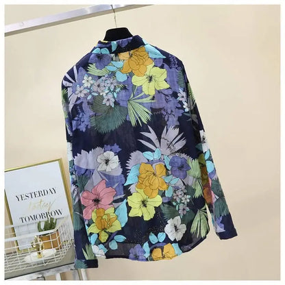 Blue Floral Print Vintage Polo-Neck Single Breasted Long Sleeve Women's Blouse Shirt Casual Female Clothing Tops Fashion 2024