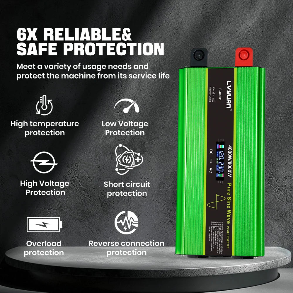LVYUAN Pure Sine Wave Power Inverter 2000W 3000W 4000W DC 12V 24V to AC 230V LCD Remote Control 2 EU Sockets USB Home RV Solar