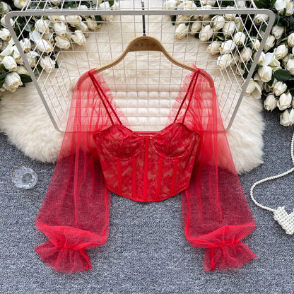 Women Chic Lace Mesh Sheer  Long Sleeve Backless Crop Top Solid Slim Sexy Korean Fashion Summer Women Shirt Square Collar