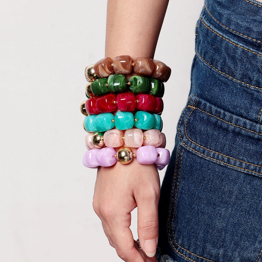 Acrylic Square Beads Elastic Bracelets for Women Boho Irregular Stone Shape Beaded Handmade Bracelet Bangle Retro Jewelry Gifts