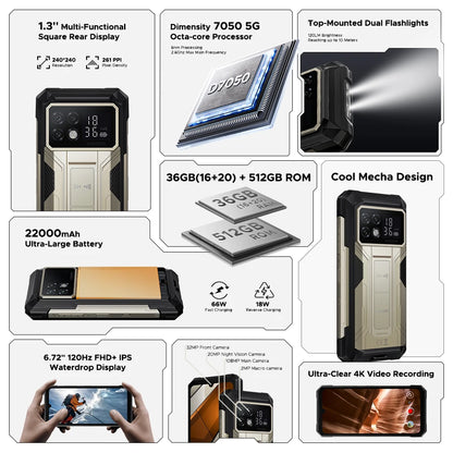 DOOGEE S200 Max 5G Rugged Phone 1.32" Rear Display Dual light Flashlight 22000mAh Battery 66W 6.72” 120Hz 16GB 512GB Smartphone