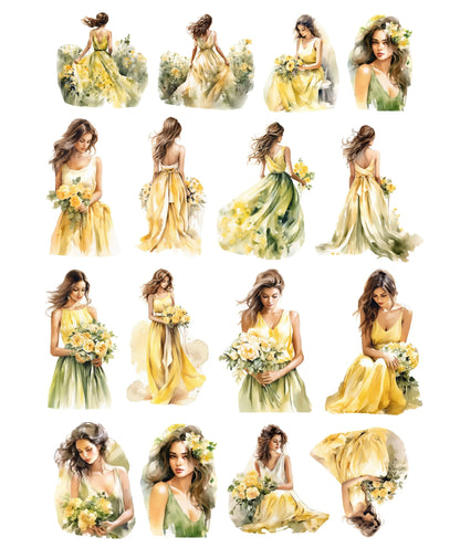 Fantasy Yellow Watercolor Summer Long Skirt Girl Stickers Cute Crafts Scrapbooking  Planner Journal  Stationery Planner Kawaii