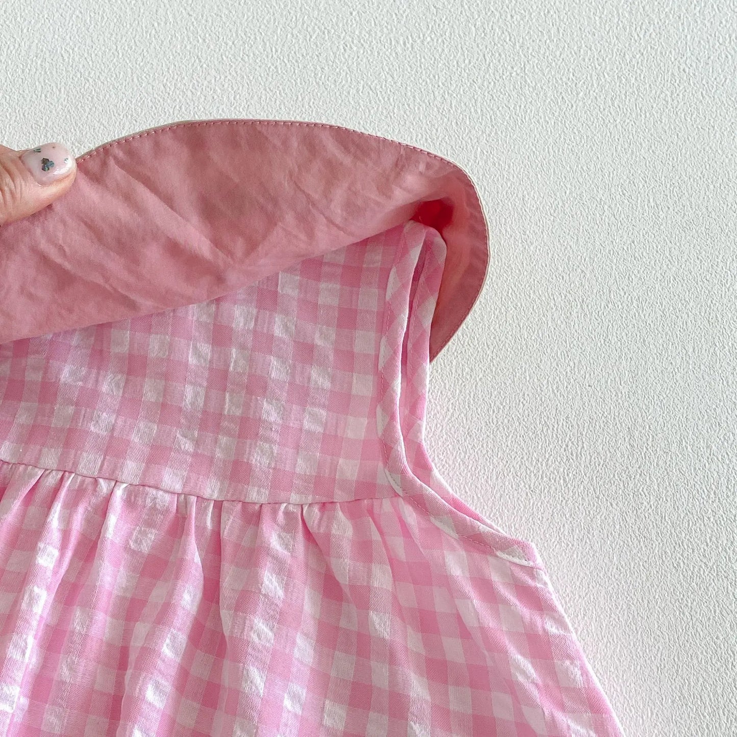 2026 Summer Childrens Clothes Watermelon Collar Baby Bodysuit with Patch Pockets Pink-white Check Girls Dress