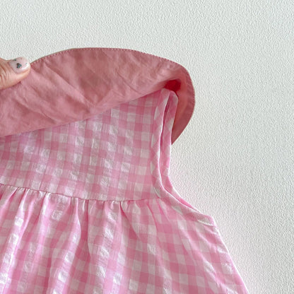 2026 Summer Childrens Clothes Watermelon Collar Baby Bodysuit with Patch Pockets Pink-white Check Girls Dress