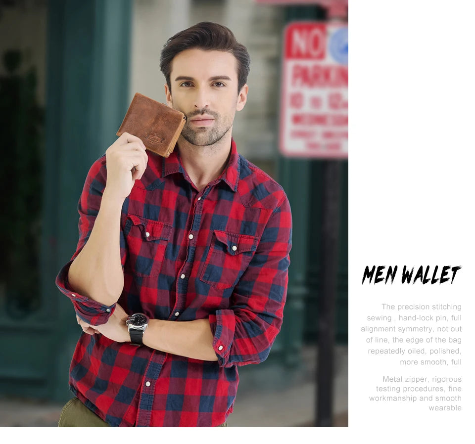 CONTACT'S Genuine Leather Short Wallets for Men Trifold Card Holder Money Clip Coin Purse Male Pocket Wallets Men's Purse Bags
