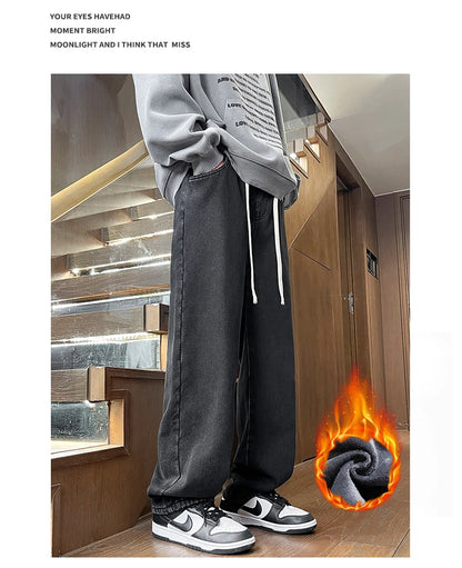 Men's Thicke Fleece Straight Jeans Winter Velvet Thermal Nostalgia Washing Denim Pants Streetwear Elastic Waist Loose Trousers
