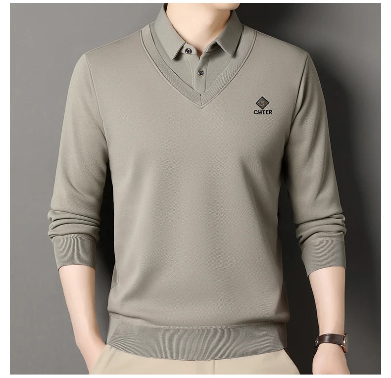 Men's Fleece Lined Sweater Polo Collar Pullover Tops Fashion Business Causal Pullovers Korean Slim Fit Thick Winter Clothes