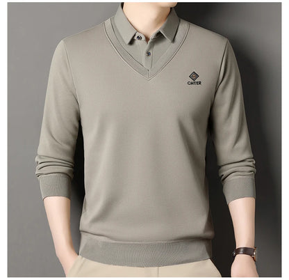 Men's Fleece Lined Sweater Polo Collar Pullover Tops Fashion Business Causal Pullovers Korean Slim Fit Thick Winter Clothes