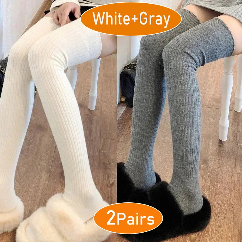 Cashmere Knitted Knee High Socks Women's Solid Soft Long Wool Socks Casual Fluffy Warm Stocking Skinny Thicken Thigh High Socks