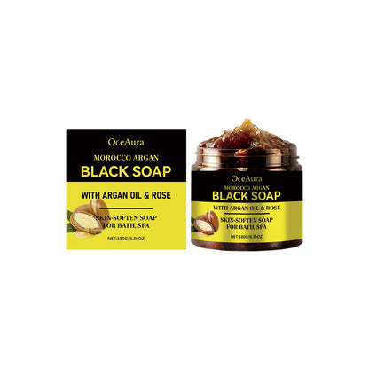 OceAura Black Soap Morocco Argan Oil Exfoliating Body Smooth Soft Professional Skin Cleaning Spa Rose Flower Oil Bath Soap 180g