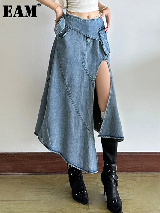 [EAM] High Waist Blue Denim Irregular Hem Slit Midi A-line Half-body Skirt Women Fashion Tide New Spring Autumn 2026 1DJ6538