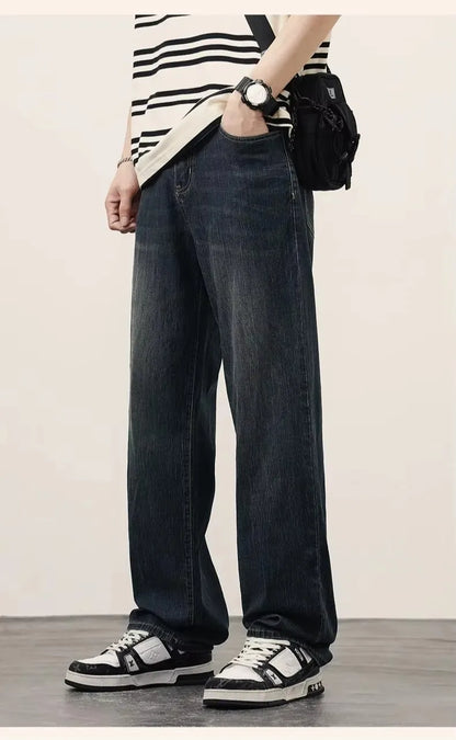 2025Spring Autumn New Men Straight Vintage Fit Jeans Casual Trousers High Quality Male Korean Fashion Baggy Wide Leg Denim Pants