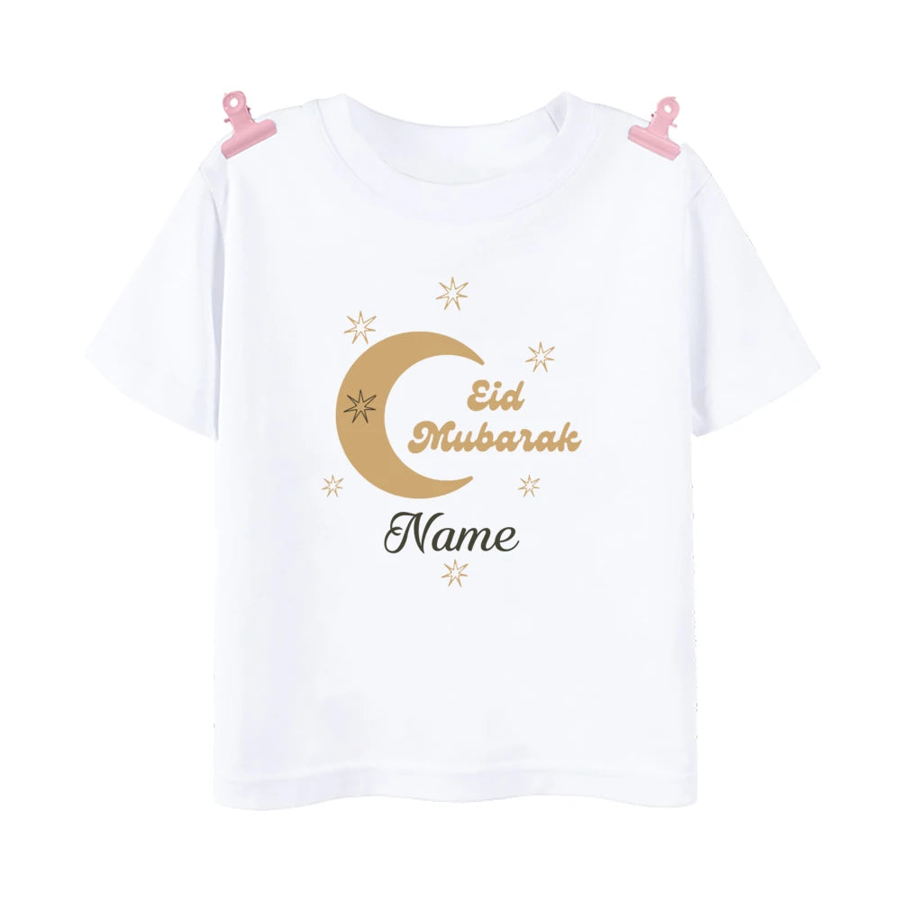 Personalized Eid Mubarak Printed Kids Shirts Custom Name Eid Ramadan Child T-shirt Tops Islamic Muslim Holiday Boys Girls Outfit