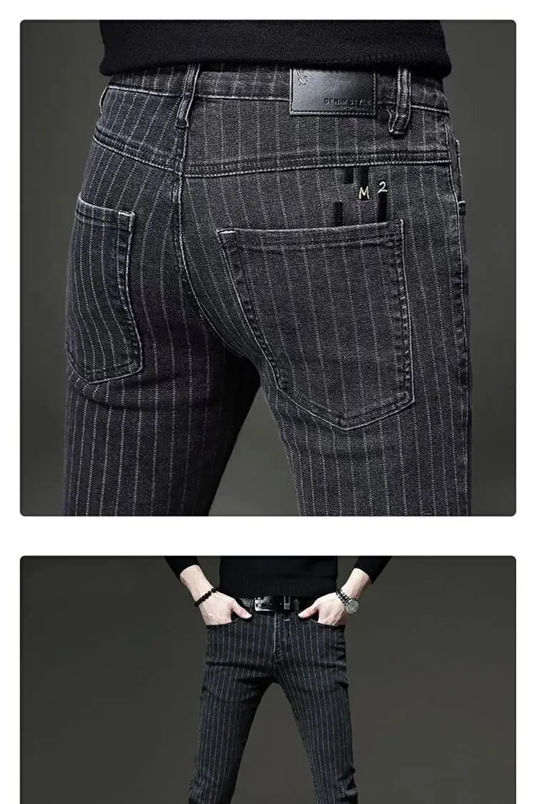 Men's Striped Slim Stylish Casual Pencil Pants Jeans Spring Autumn Korean Trendy Fashion Brand New Elastic Striped Long Trousers