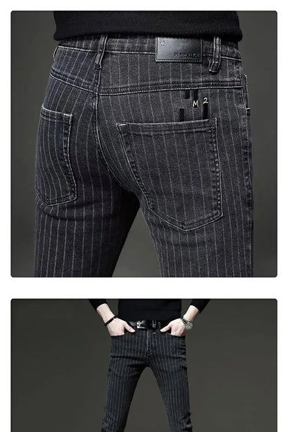 Men's Striped Slim Stylish Casual Pencil Pants Jeans Spring Autumn Korean Trendy Fashion Brand New Elastic Striped Long Trousers