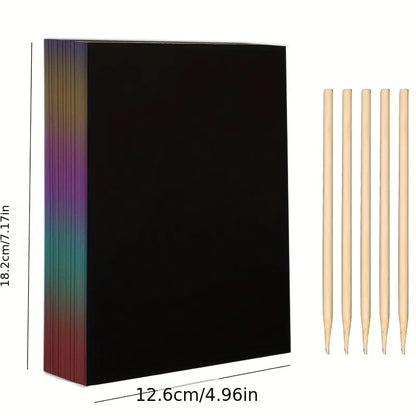 50 pcs Scratch Paper Kids Rainbow Magic Scratch Off Paper Sheets Art Craft Kit Black Note Paper Drawing Pads with Stencils