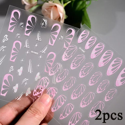 2Sheets French Gradient Line Nail Art Stickers 3D Self-Adhesive White+Black Slider Design Stencil Manicure Guides DIY Nail Decor