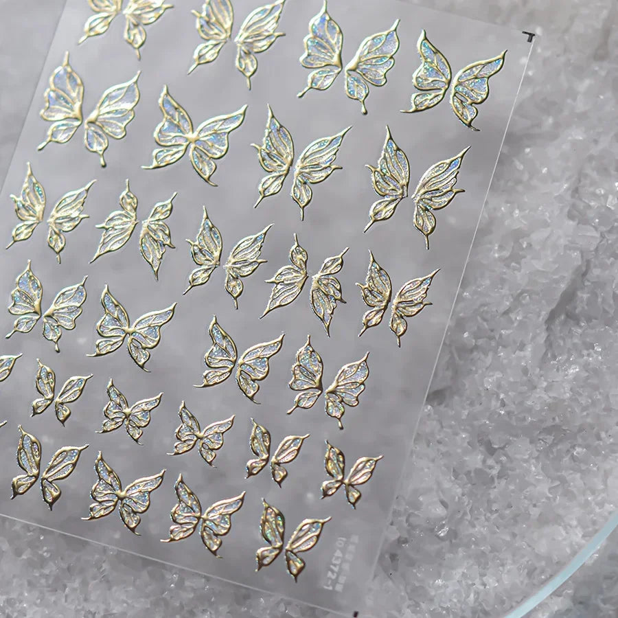 Shiny Jelly Butterfly Charming Golden Gradient Bowknot 5D Self Adhesive Nail Art Sticker Flower Petal Rhinestone Manicure Decals