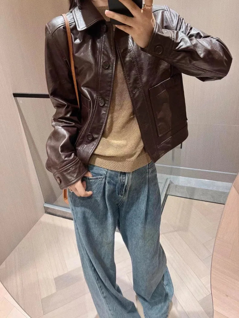 British Style Lapel Genuine Leather Jackets for Women Fashion Single-breasted Pockets Female Brown Casual Short Sheepskin Jacket