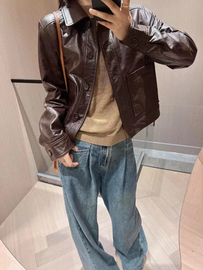 British Style Lapel Genuine Leather Jackets for Women Fashion Single-breasted Pockets Female Brown Casual Short Sheepskin Jacket