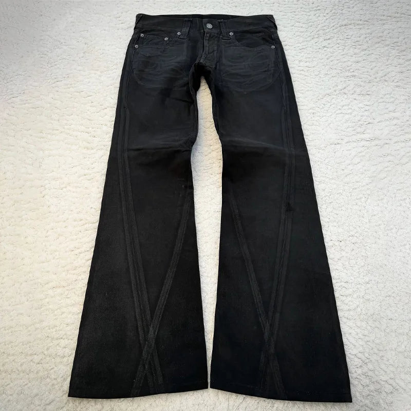 Vintage X Ray Waxing Tribal Embroidery Men's Flared Jeans Gothic High Street Unisex Punk Slim Fit Jeans Y2K Baggy Flared Jeans