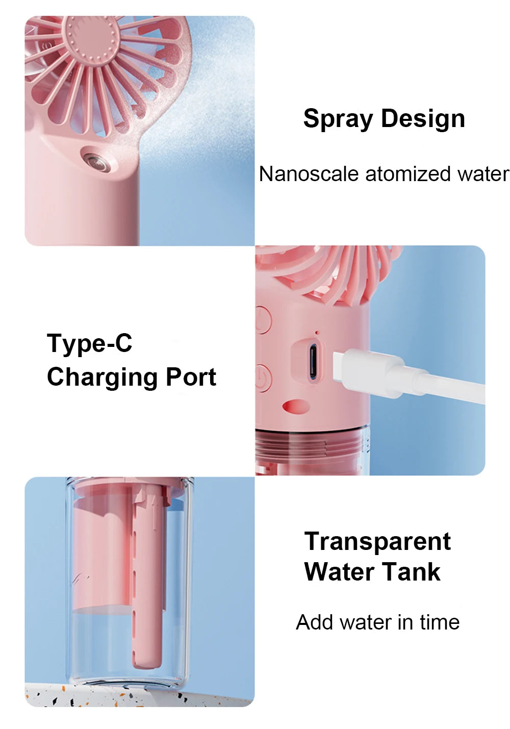 Portable Humidifier Fan Mini Water Mist Fan USB Rechargeable Handheld Fan Mist Spray Hand Fan Small Pocket Fan with Humidifier