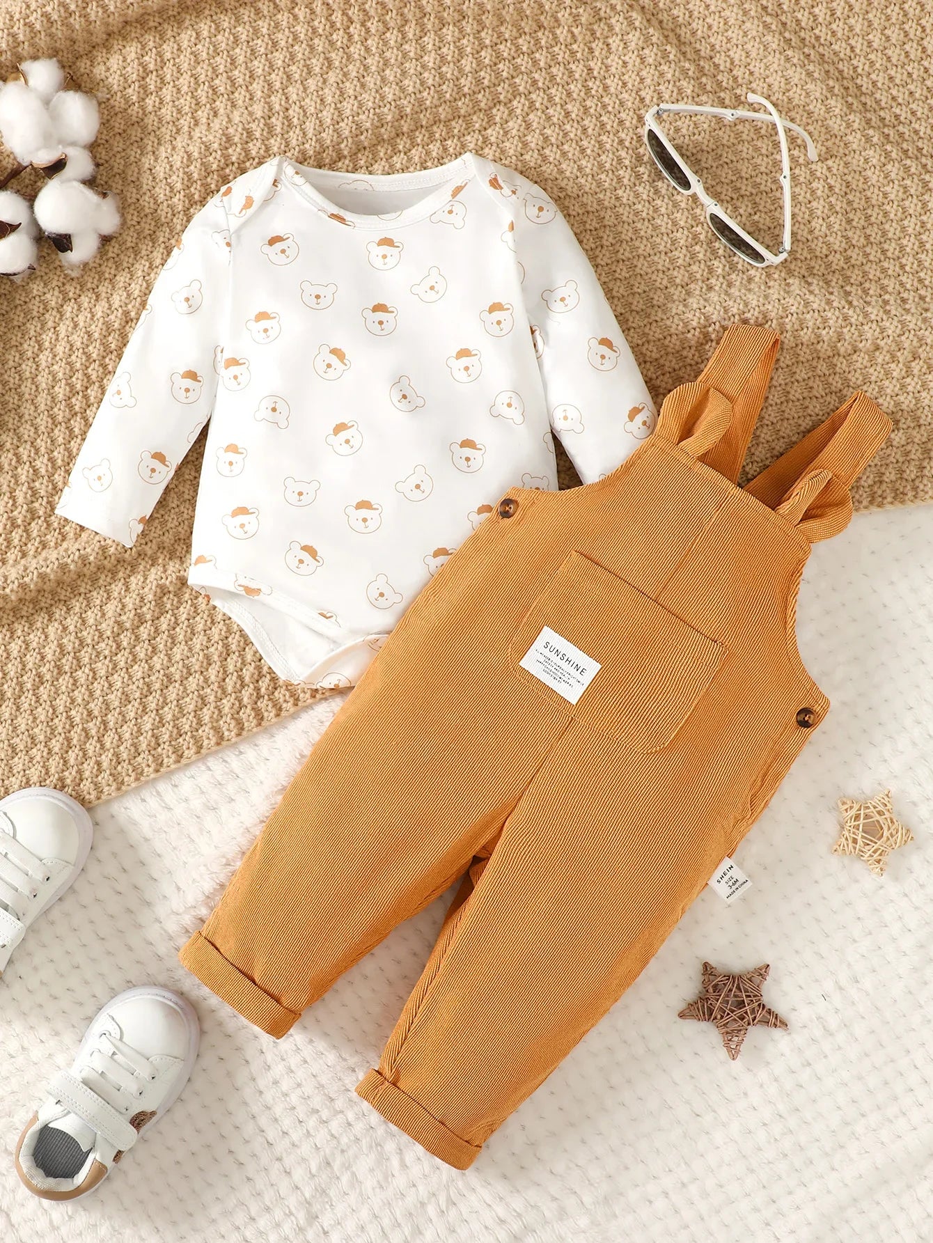 3-24 Months Toddler Baby Boy 2PCS Clothing Set Bear Print Bodysuit with Green Overall Fashion Cute Autumn and Winter Costumes