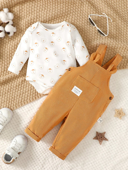 3-24 Months Toddler Baby Boy 2PCS Clothing Set Bear Print Bodysuit with Green Overall Fashion Cute Autumn and Winter Costumes