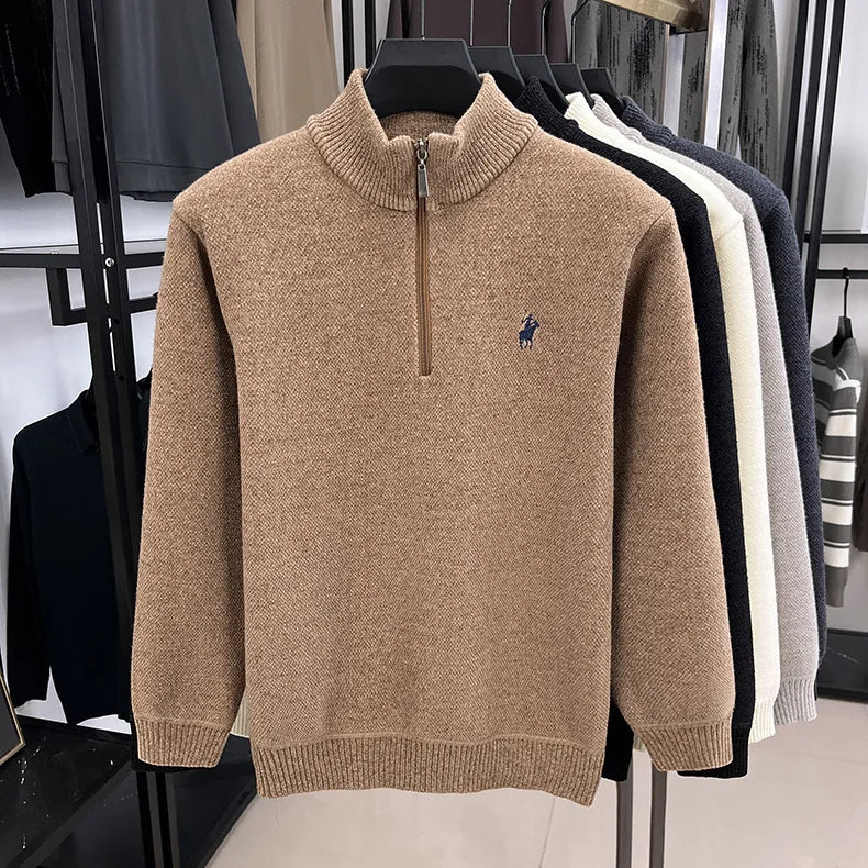 High quality half zipper knitted sweater men fashion luxury brand embroidery designer new top plush warm thick casual men's wear