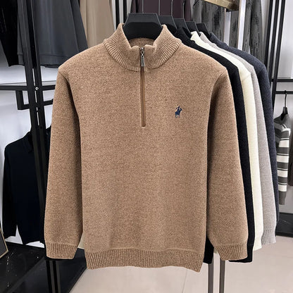 High quality half zipper knitted sweater men fashion luxury brand embroidery designer new top plush warm thick casual men's wear