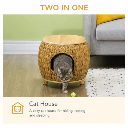 Cat cave with a soft washable cushion, featuring a natural light brown and grey design, it provides cats with a cozy hideaway while doubling as a sturdy stool and elegant home decor piece