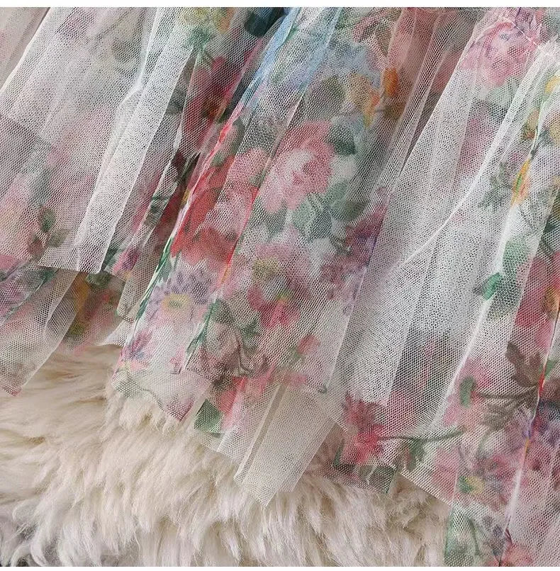 Faldas Y2k Elastic Waist Floral Print Mesh Skirt Women Summer Beach Vacation Style Versatile Stitching A-line Elegant Long Skirt