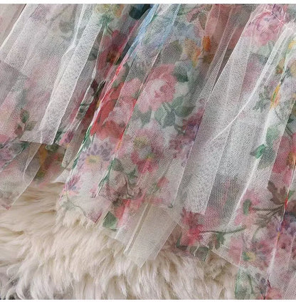 Faldas Y2k Elastic Waist Floral Print Mesh Skirt Women Summer Beach Vacation Style Versatile Stitching A-line Elegant Long Skirt