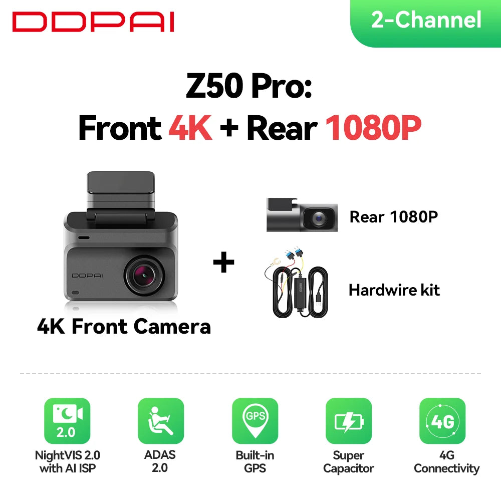 DDPAI Dash Cam Z50 Pro 4K HDR + 1080P Car DVR Night Vision Wi-Fi 6 GPS ADAS 24h Parking Monitor Front and Rear Camera Dashcam