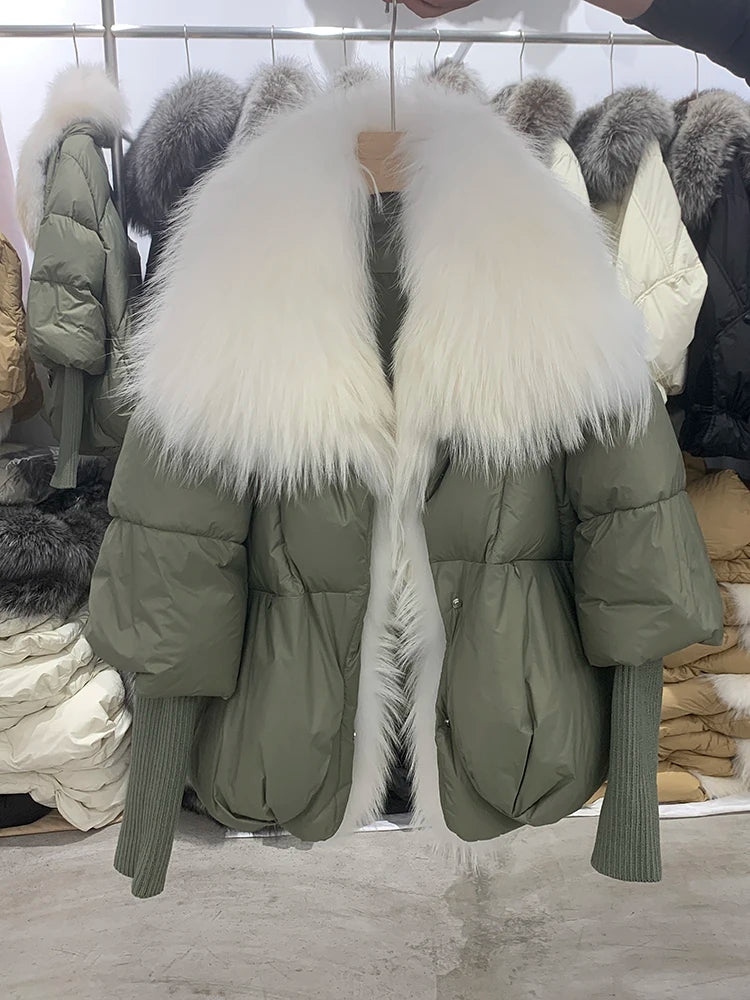 Oversized Winter Warm Real Fox Fur Collar Black Down Coat Women Puffer Outerwear Jackets 2024 Autumn Winter
