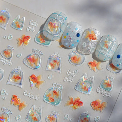 Colorful Bagful Jellyfish Bubbles Swimming Rings Rainbow Stars Ocean Starfish Self Adhesive 5D Nail Art Sticker Manicure Decal