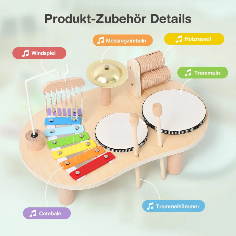 7 in 1 Wooden Toddler Musical Instrument Table Montessori Baby Percussion Toy Xylophone Drum Set Sensory Early Learning Play Gift for Kids 1‑4Y