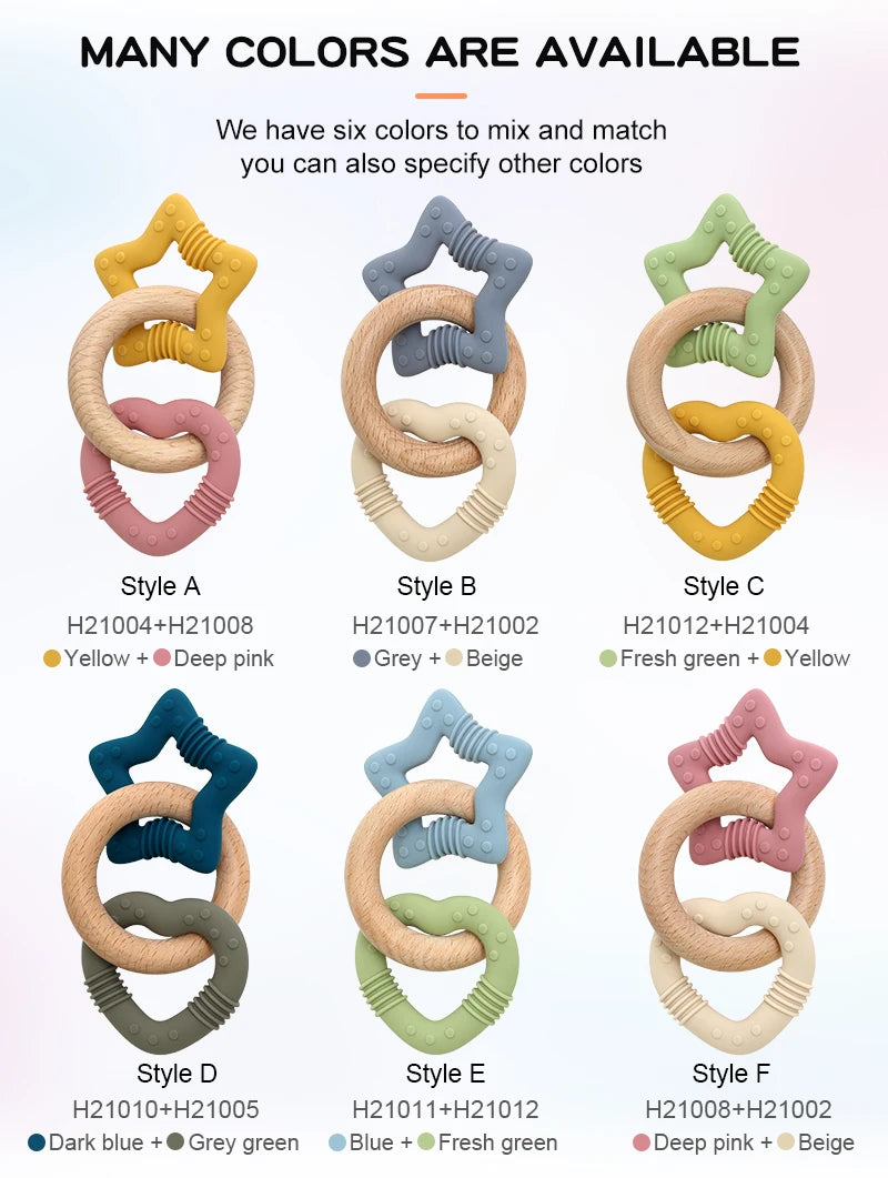 Silicone Star and Heart Teether with Teething Wooden Ring Baby Rattle Toy