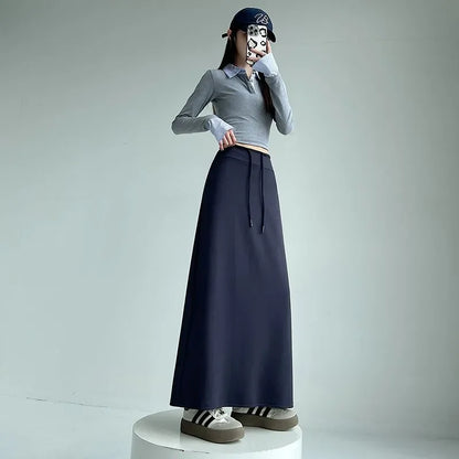Women Spring Autumn Sports Maxi Skirt High Waist Drawstring A Line Straight Split Draped Casual Sweat Long Skirt