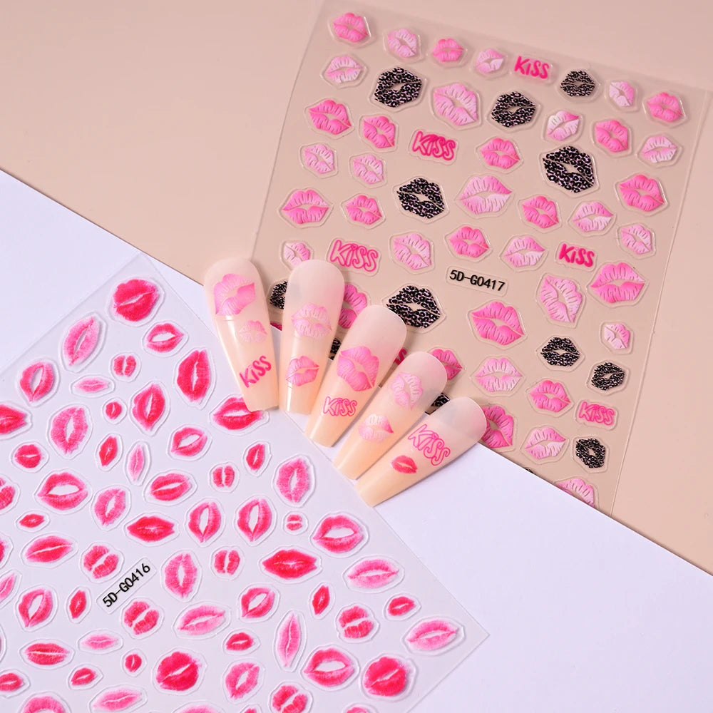 1sheet 5D Sexy Red Lips Nail Decal Stickers KISS Love Heart Valentine's Day Self-adhesive Nail Slider DIY Romantic Nail Decor