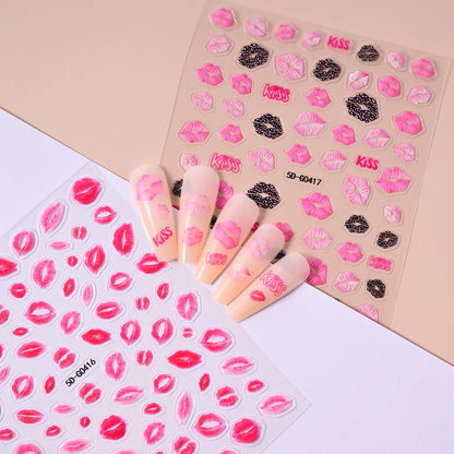 1sheet 5D Sexy Red Lips Nail Decal Stickers KISS Love Heart Valentine's Day Self-adhesive Nail Slider DIY Romantic Nail Decor
