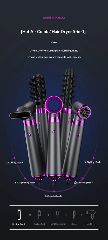 HOMEFISH 5-in-1 Electric Hair Dryer with Automatic Straight & Curling Iron Hot Air Comb & Diffuser for Outdoor Use AC Motor
