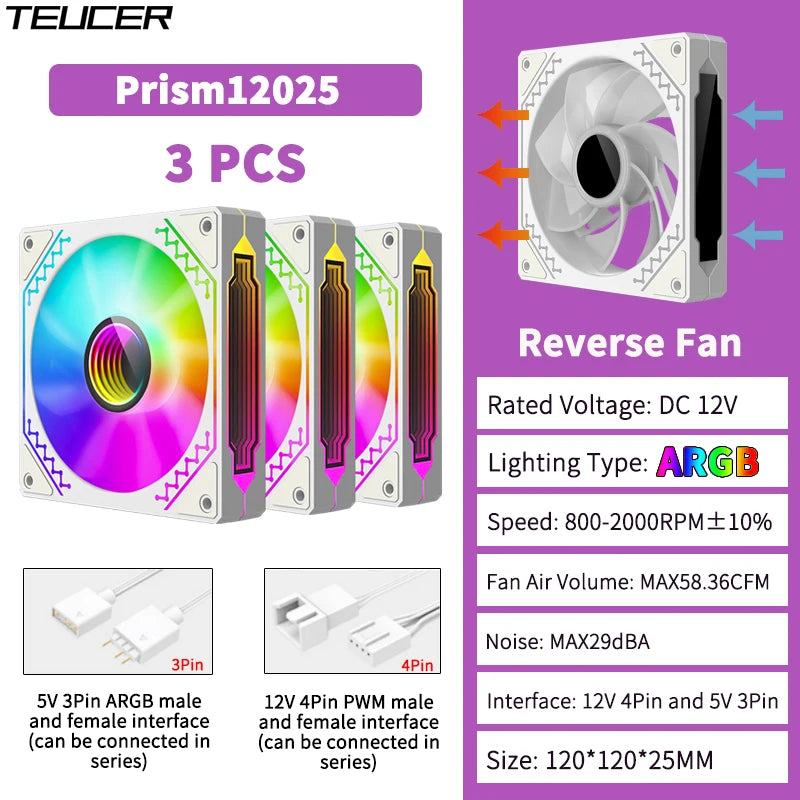 TEUCER Prism12025 PC Case Fan 120mm 5V 3Pin ARGB Cyclic Mirror Light Effect PWM 800 to 2000RPM Cooling Fan 3 Piece Set