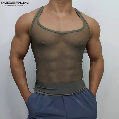 INCERUN Tops American Style Fashion Men Thin Perspective Mesh Vests Sexy Casual Streetwear Male Personality Sleeveless Tank Tops