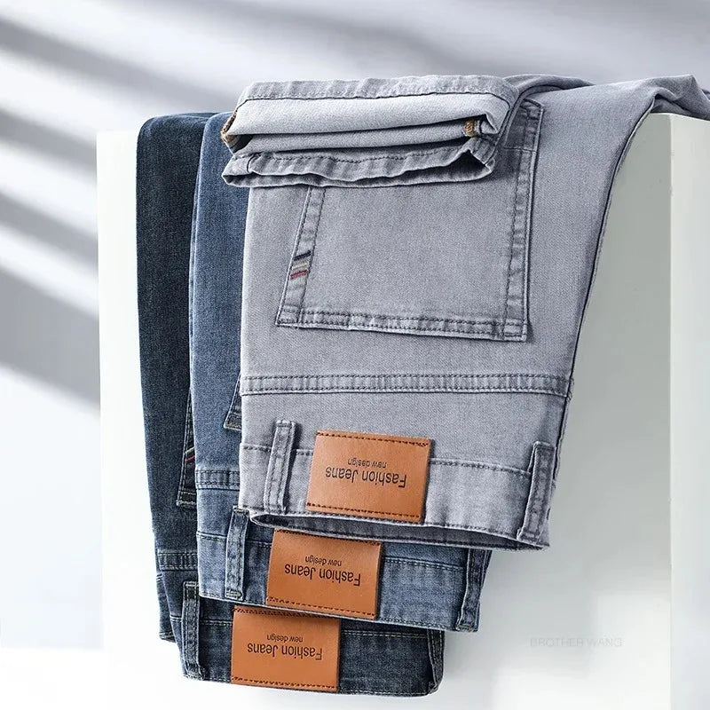 Summer Elastic Men's Jeans Fashion Gray Comfortable Business Straight Stretch Cotton Casual Denim Pants Brand Male Thin Trousers
