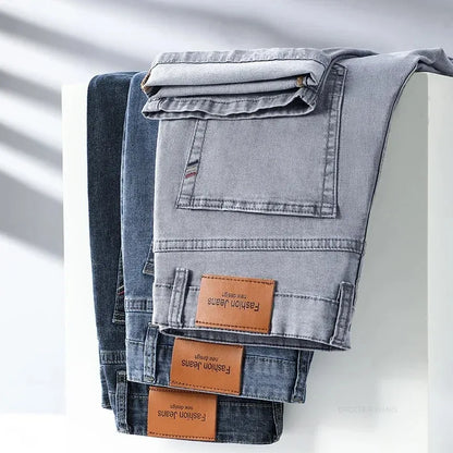 Summer Elastic Men's Jeans Fashion Gray Comfortable Business Straight Stretch Cotton Casual Denim Pants Brand Male Thin Trousers