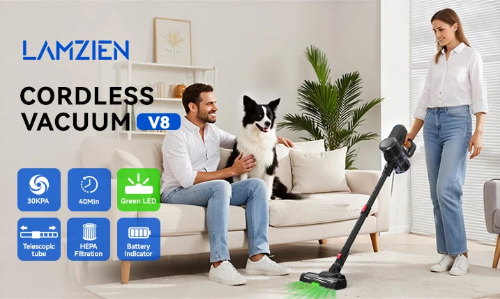 LAMZIEN V8 Cordless Vacuum Cleaner, 45000PA/40Min Runtime, Efficient HEPA Filtration, New Brushless Motor, Self-Standing, Vacuum Cleaners for Home/Pet Hair/Carpets/Floors